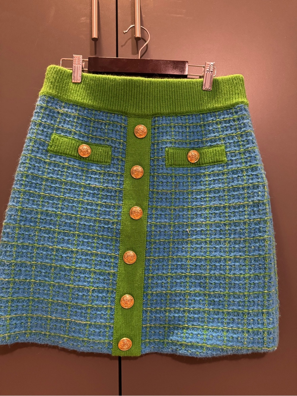 Green & Blue Tweed-Style Button-Front Mini Skirt